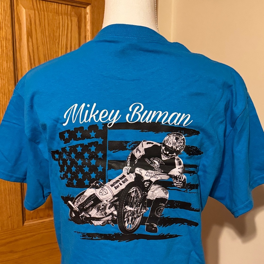 *NEW* Mikey Buman Teal Blue Graphic T-Shirt w/ Speedway Racing Motorcycle Design